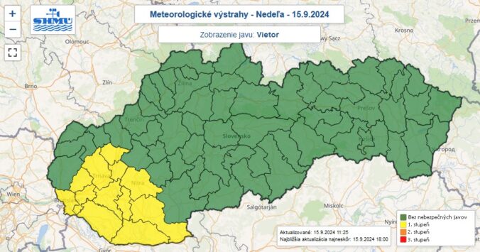 Výstraha prvého stupňa pred vetrom vydaná na nedeľu 15. septembra 2024.