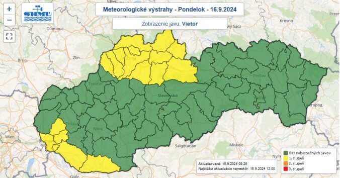 Výstraha prvého stupňa pred vetrom vydaná na pondelok 16. septembra 2024.