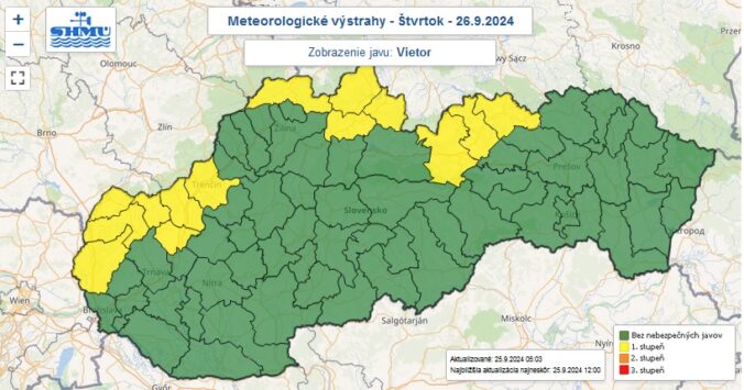 Výstraha prvého stupňa pred vetrom vydaná na štvrtok 26. septembra 2024.