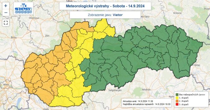 Výstrahy prvého a druhého stupňa pred vetrom vydané na sobotu 14. septembra.