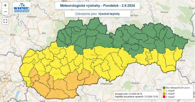 Výstrahy prvého a druhého stupňa pred vysokými teplotami vydané na pondelok 2. septembra 2024.