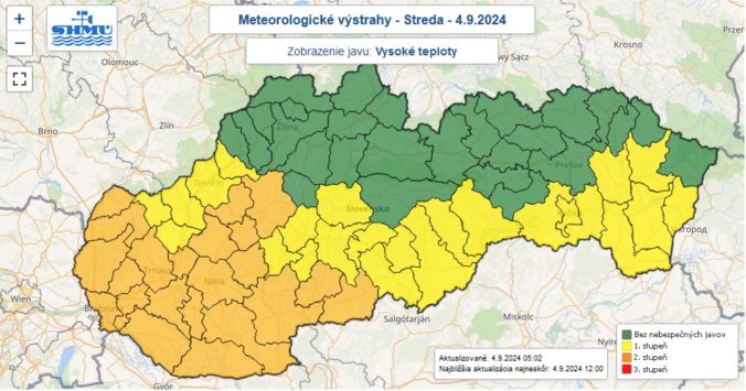 Výstrahy prvého a druhého stupňa pred vysokými teplotami vydané na stredu 4. septembra 2024.