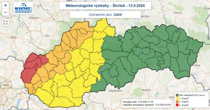 Výstrahy prvého, druhého aj tretieho stupňa pred dažďom vydané na štvrtok 12. septembra.