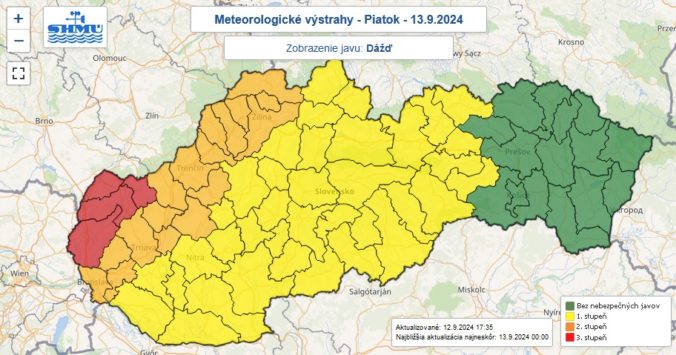 Výstrahy prvého, druhého aj tretieho stupňa vydané na piatok 13. septembra 2024.