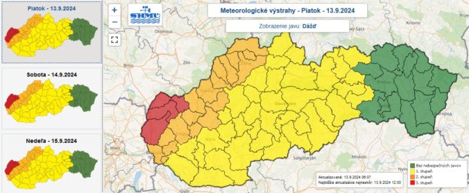 Výstrahy prvého, druhého aj tretieho stupňa vydané na piatok, sobotu a nedeľu.