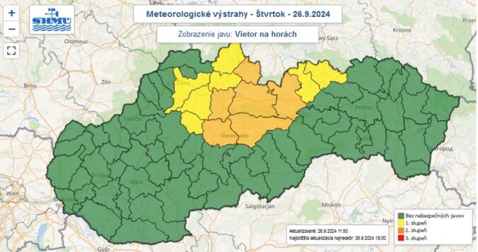 Zaktualizované výstrahy prvého a druhého stupňa pred vetrom na horách vydané na štvrtok 26. septembra 2024.