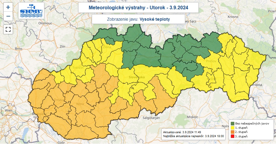 Zaktualizované výstrahy prvého a druhého stupňa pred vysokými teplotami na utorok 3. septembra 2024.