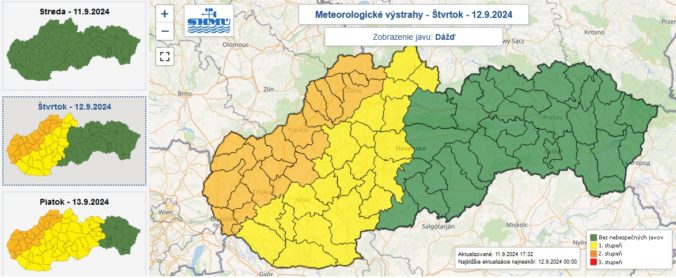 Zaktualizované výstrahy prvého aj druhého stupňa pred dažďom vydané na štvrtok 12. septembra 2024.