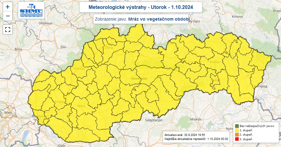 Zaktualizované výstrahy prvého stupňa pred mrazom vydané na noc z pondelka na utorok.