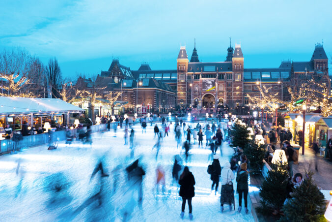 The Netherlands, Amsterdam - December 18 2018: winter ice rink in Amsterdam on the museum square, the Netherlands