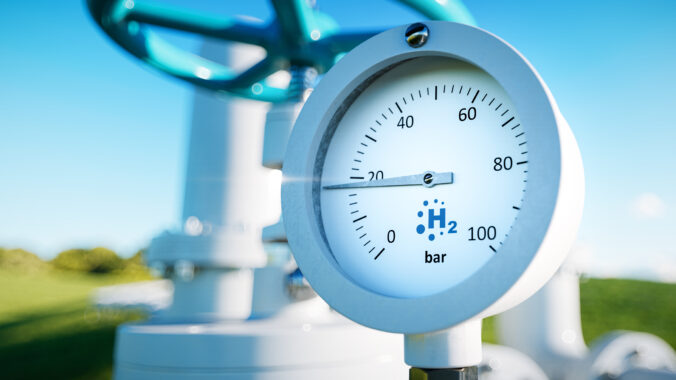 Close up of a manometer with a hydrogen pipe in the background. 3d rendering.