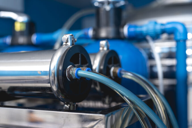 Closeup of the post carbon filter of a reverse osmosis water station.