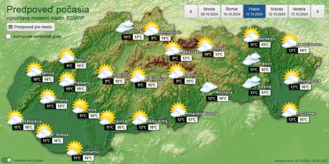 Grafická predpoveď počasia na piatok 11. októbra 2024.