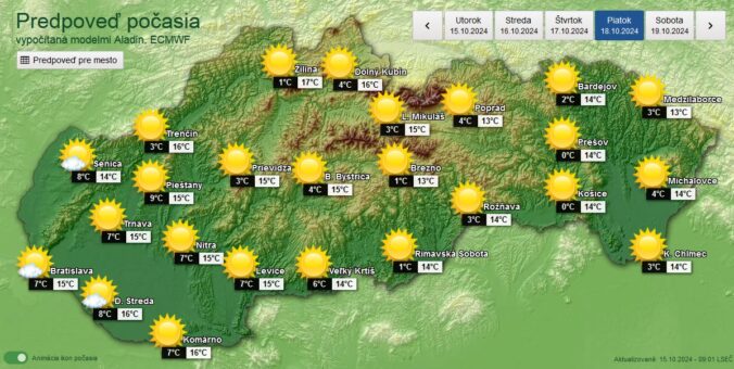 Grafická predpoveď počasia na piatok 18. októbra 2024.