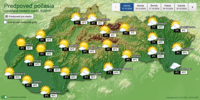 Grafická predpoveď počasia na utorok 15. októbra 2024.