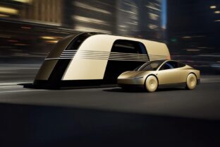 Tesla Robovan v art deco dizajne – futuristické autonómne robotaxi na elektrický pohon s moderným a retro štýlom.