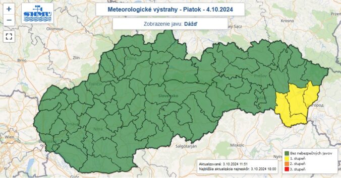 Výstraha prvého stupňa pred dažďom vydaná na piatok 4. októbra 2024.