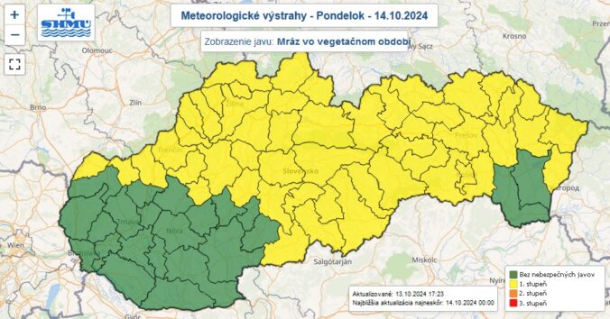 Výstraha prvého stupňa pred mrazom vo vegetačnom období vydaná na pondelok 14. októbra 2024.