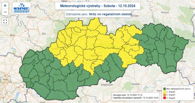 Výstraha prvého stupňa pred mrazom vo vegetačnom období vydaná na sobotu 12. októbra 2024.