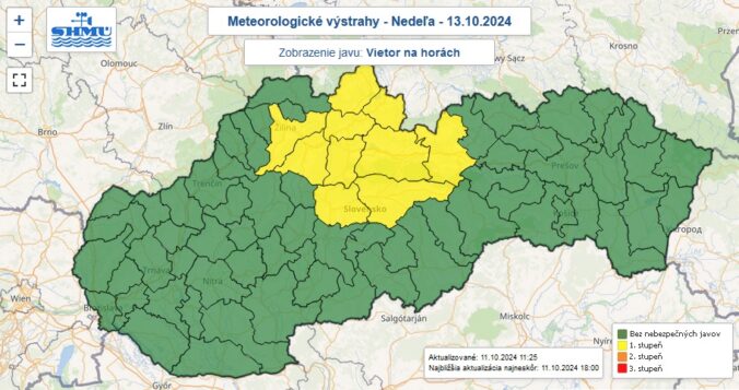 Výstraha prvého stupňa pred silným vetrom na horách vydaná na nedeľu 13. októbra 2024.