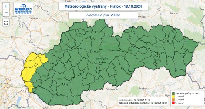 Výstraha prvého stupňa pred silným vetrom vydaná na piatok 18. októbra 2024.