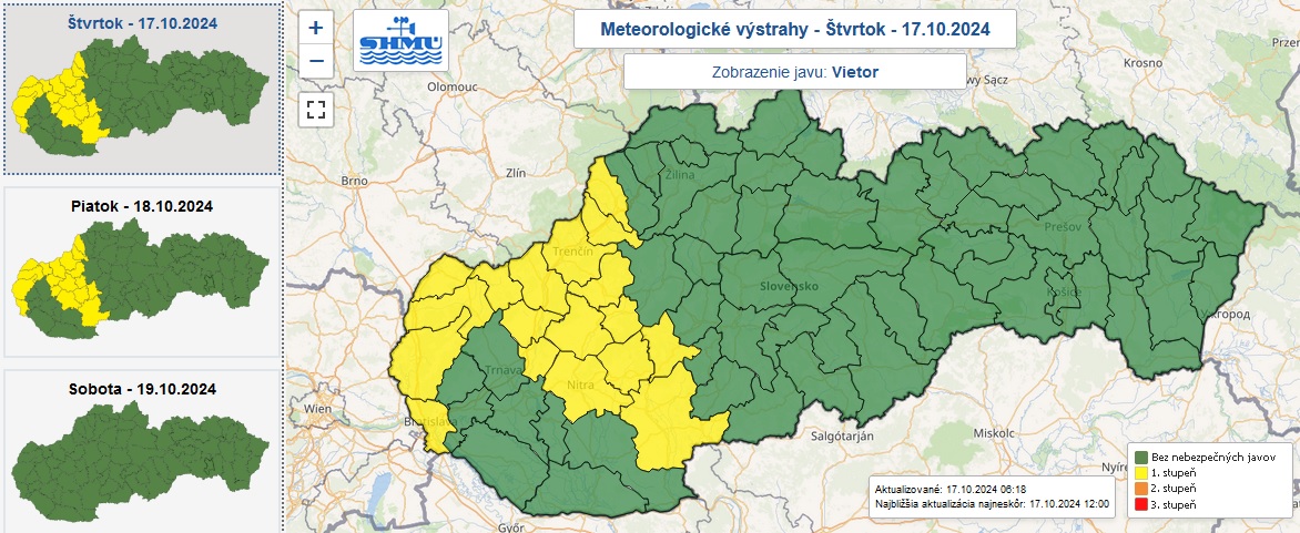 Výstraha prvého stupňa pred silným vetrom vydaná na štvrtok a piatok.