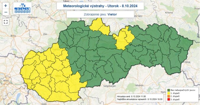 Zaktualizované varovanie prvého stupňa pred silným vetrom vydané na utorok 8. októbra 2024.