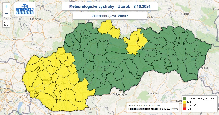 Zaktualizované varovanie prvého stupňa pred silným vetrom vydané na utorok 8. októbra 2024.