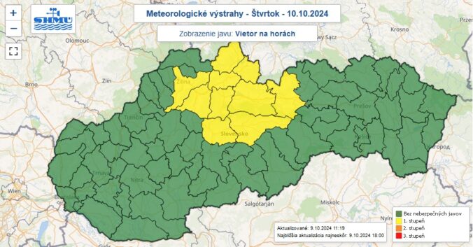 Zaktualizované výstrahy prvého stupňa pred vetrom na horách vydané na štvrtok 10. októbra 2024.