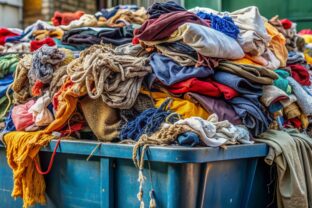 Clothing chaos: tangled threads, discarded garments, and fabric scraps overflow from an industrial bin, highlighting the devastating ecological impact of the fashion industry's waste cycle.