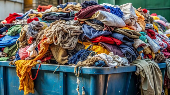 Clothing chaos: tangled threads, discarded garments, and fabric scraps overflow from an industrial bin, highlighting the devastating ecological impact of the fashion industry's waste cycle.