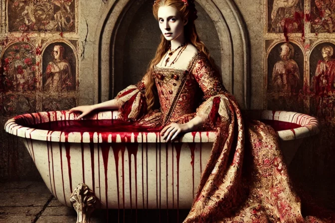 Dall·e 2024 11 29 11.36.56 a renaissance style painting of elizabeth bathory bathing in a blood filled tub designed to mimic the imperfections and texture of old classical artw.webp