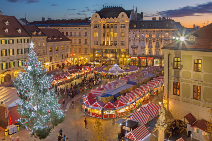 Bratislava - Christmas market on the Main square in evening dusk.