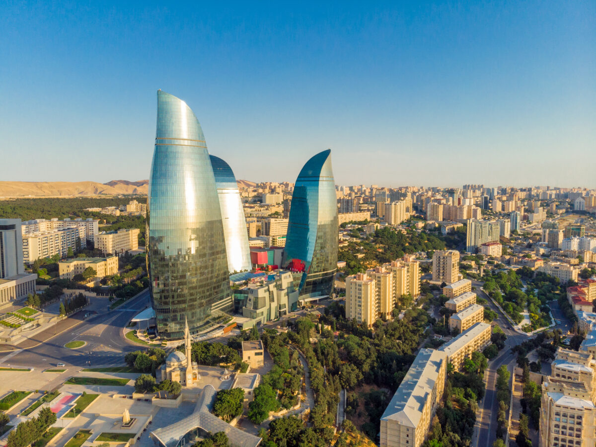 Baku, Azerbaijan City center and view of the Flame towers in summer time