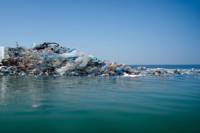 Veľká hromada plastového odpadu plávajúceho na hladine oceánu, znečistenie morí a oceánov plastami.