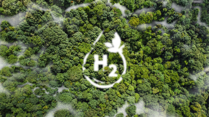 High angle view Hydrogen ecological metaphor as an ecological energy source White mist in the form of water droplets in the midst of untouched nature. virgin rainforest