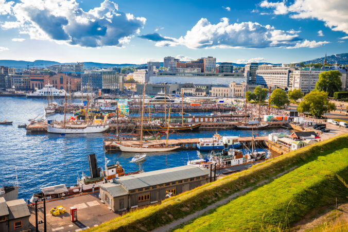 Scenic harbor of Oslo in Aker Brygge view from the hill