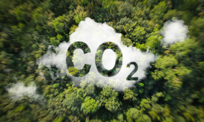 CO2 emissions concept reduction icon in top view of environmental forest. sustainable development and green business based on renewable energy Limit climate change and global warming.