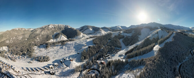 Aerial panoramic winter view of Demanovska Dolina in Low Tatras mountains, Slovakia