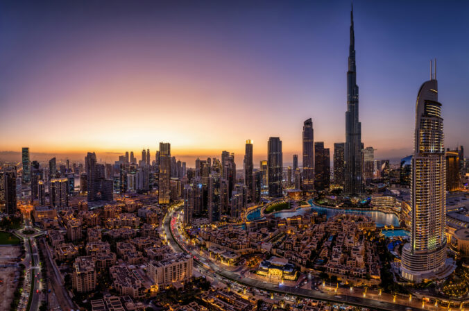 Panoramic view of the illuminated Downtown skyline of Dubai