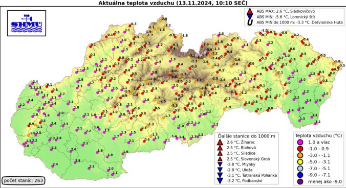 Teplota na Slovensku 13. novembra 2024 po desiatej predpoludním.