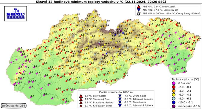 Teplota vzduchu na Slovensku v piatok po desiatej hodine večer.