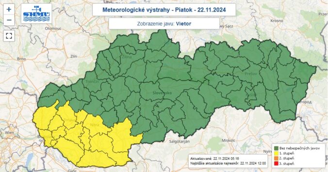 Varovanie prvého stupňa pred silným vetrom je vydaná pre okresy Slovenska označené žltou farbou.