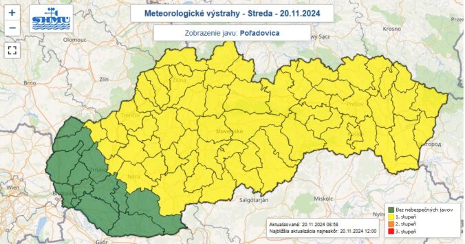 Výstraha pred poľadovicou vydaná na stredu 20. novembra 2024.