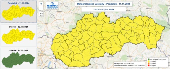 Výstraha prvého stupňa pred hmlou je vydaná pre celé Slovensko.