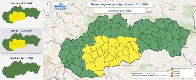 Výstraha prvého stupňa pred hmlou je vydaná pre žltou farbou označené okresy do stredy 11.00.