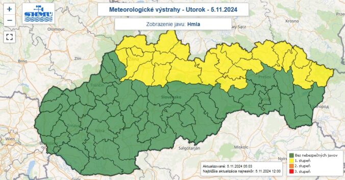 Výstraha prvého stupňa pred hmlou vydaná v utorok 5. novembra do 8.00.