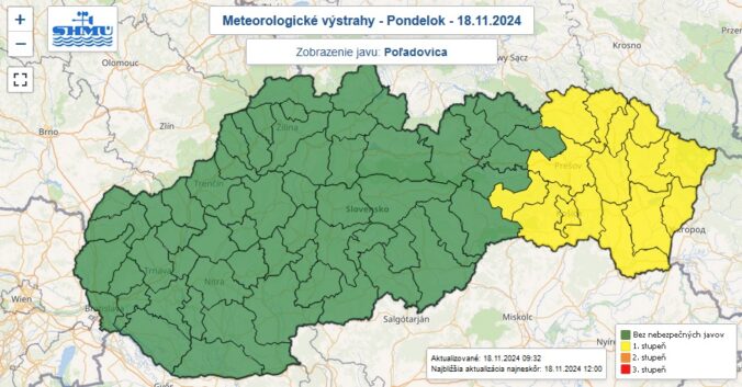 Výstraha prvého stupňa pred poľadovicou bola platná do 11.00 pre žltou farbou označené okresy Slovenska.