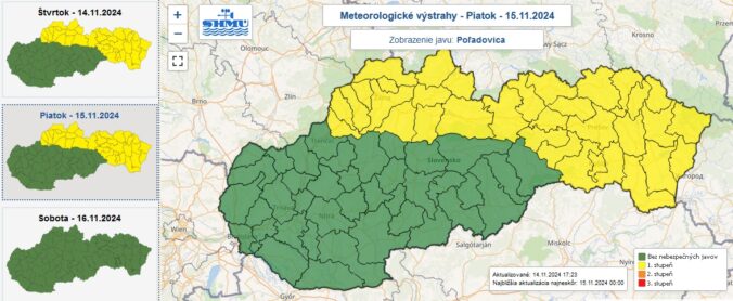 Výstraha prvého stupňa pred poľadovicou je vydaná až do piatku 10.00 pre žltou farbou označené okresy Slovenska.