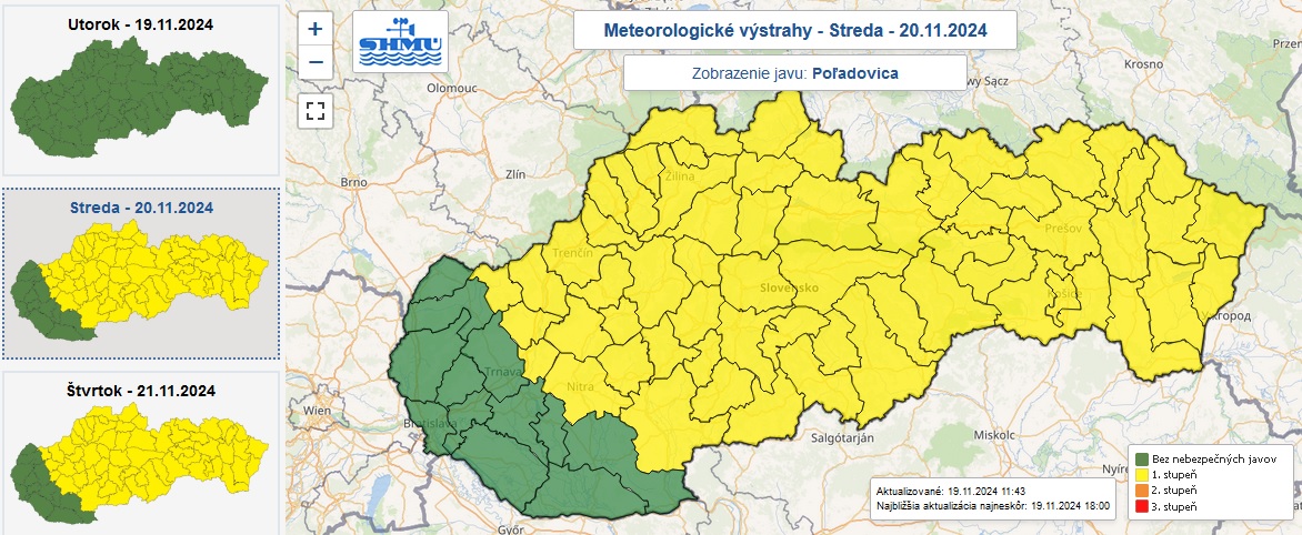 Výstraha prvého stupňa pred poľadovicou je vydaná od stredajšieho večera do štvrtkového rána pre väčšinu Slovenska.